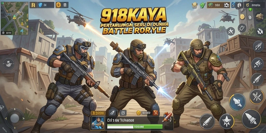 Screenshot gameplay 918KAYA menunjukkan aksi pertempuran Battle Royale yang intens.