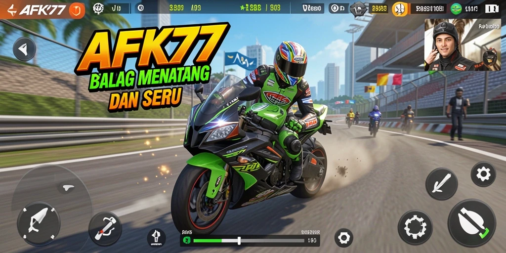 Screenshot gameplay AFK77 menampilkan aksi balap motor yang mendebarkan.