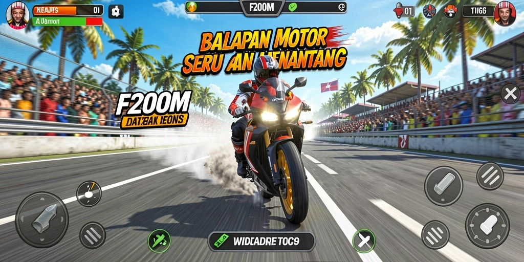 Screenshot gameplay F200M dengan aksi balapan motor yang seru.