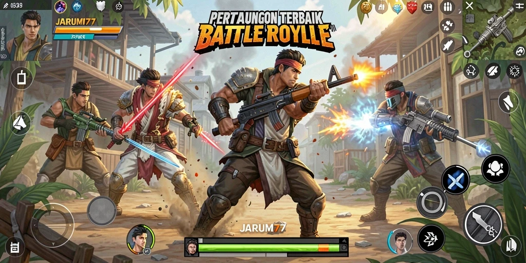 Screenshot JARUM77 menampilkan aksi pertempuran dalam Battle Royale yang intens.