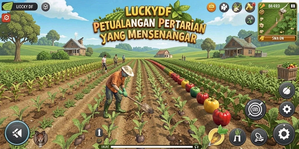 Screenshot gameplay LUCKYDF menampilkan ladang hijau yang subur dan animasi hewan.