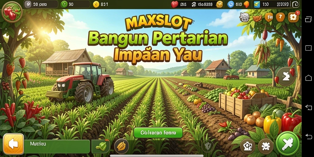 Screenshot gameplay MAXSLOT menampilkan suasana pertanian yang hidup.