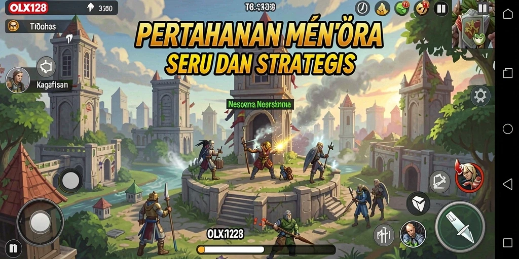 Tampilan gameplay OLX128 dengan strategi menara yang dinamis.