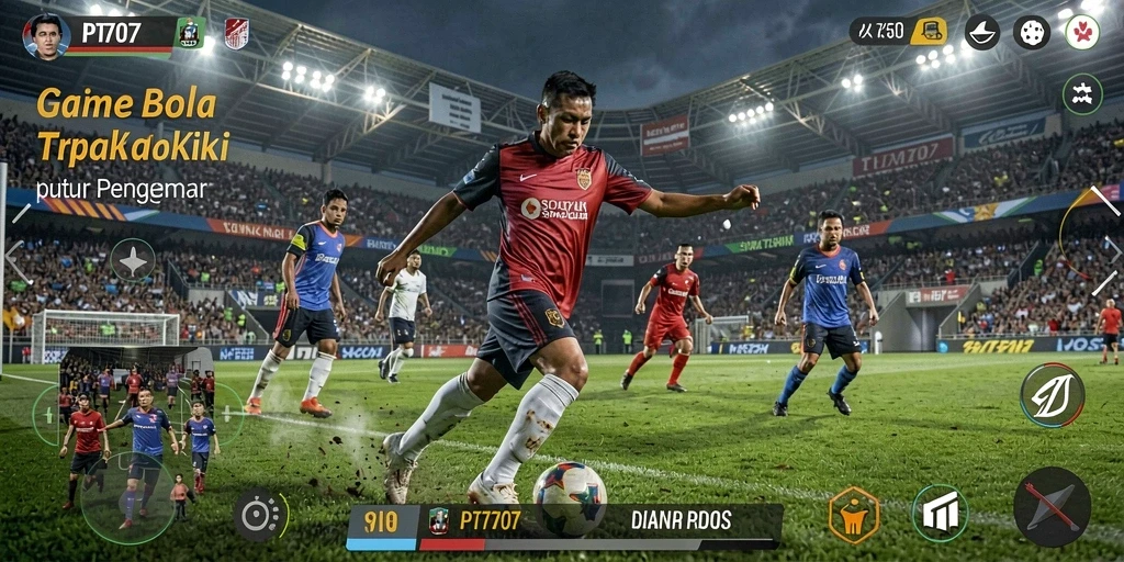 Tangkapan layar utama PT707 menampilkan aksi sepak bola yang mendebarkan.