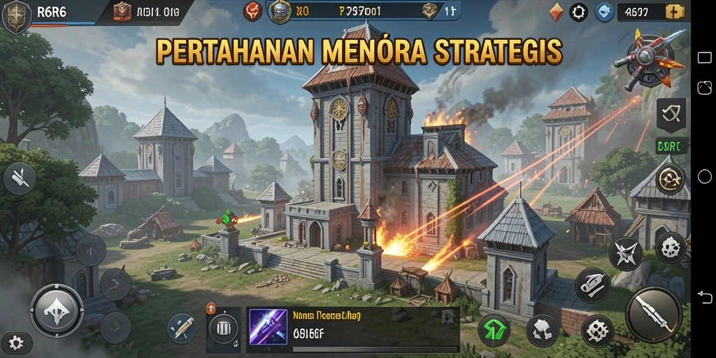 Screenshot gameplay R6R6 menunjukkan menara yang berfungsi menghadang gelombang serangan musuh.