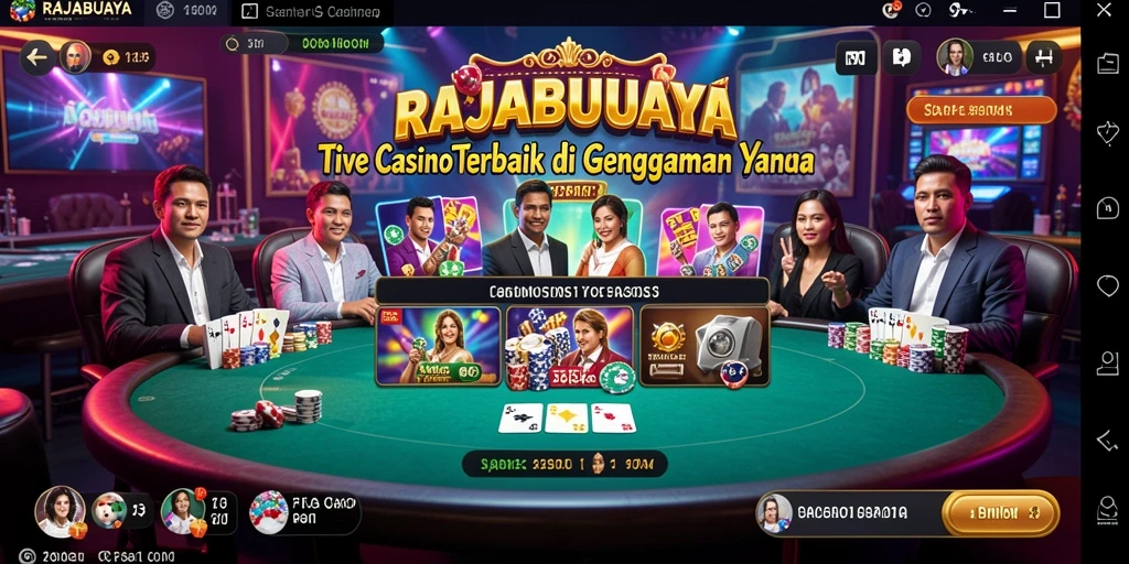 Tangkapan layar gameplay RAJABUAYA menunjukkan dealer langsung dan suasana kasino yang mengesankan.