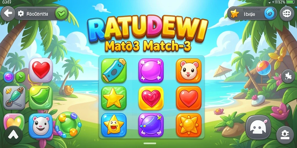 Tampilan gameplay RATUDEWI dengan aksi Match-3 yang seru dan penuh warna.