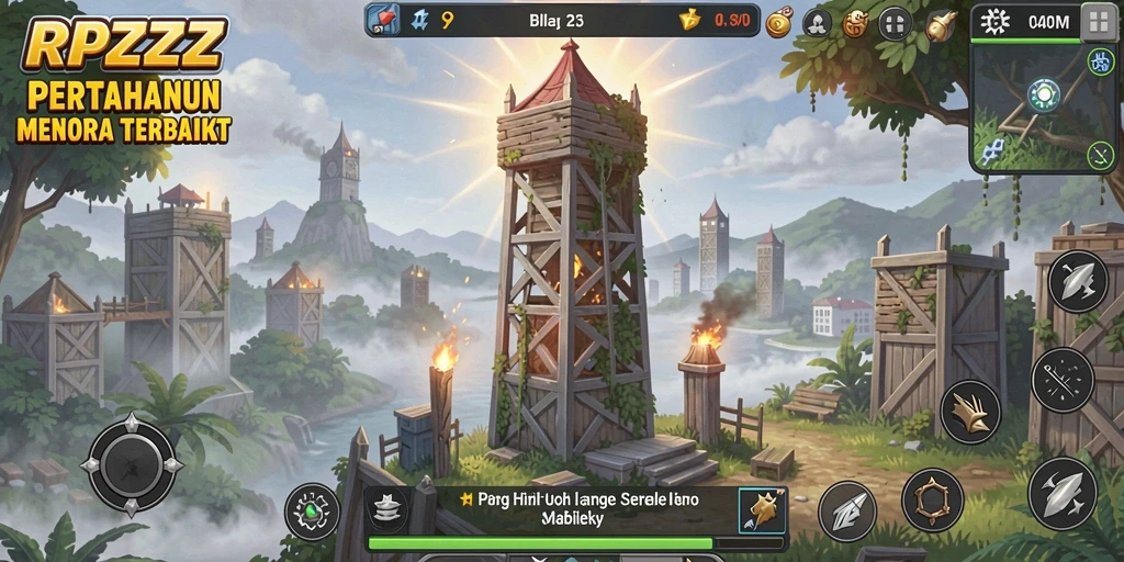 Tampilan gameplay RPZZZ dengan menara pertahanan yang megah.