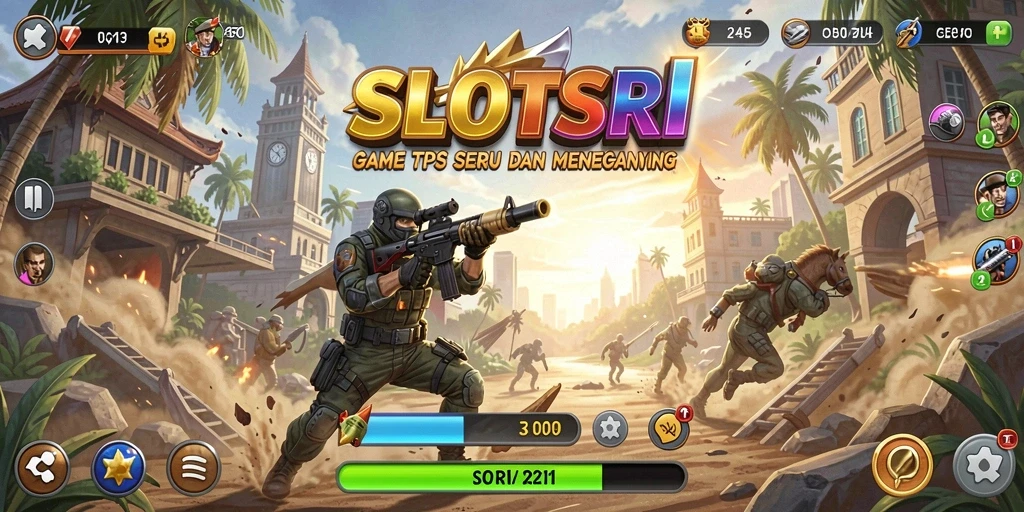 Tangkapan layar gameplay SLOTSRI dengan aksi menegangkan di medan perang.