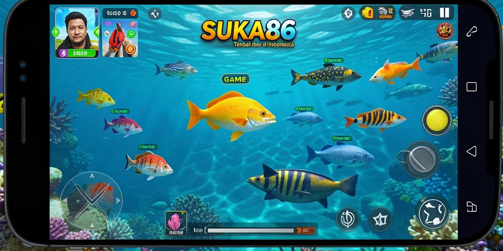 Tangkapan layar menampilkan gameplay seru dari SUKA86 dengan ikan beraneka ragam.