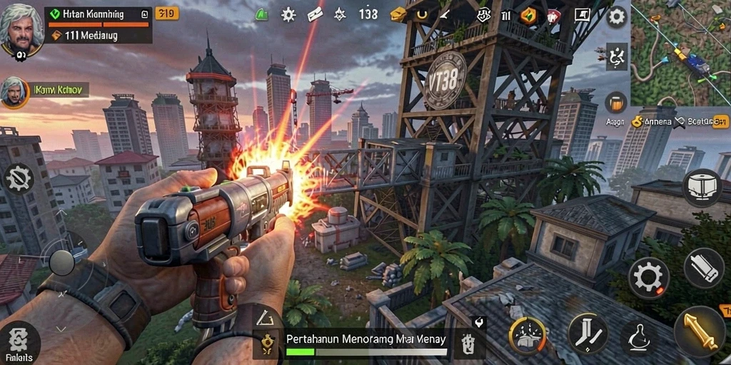 Tangkapan layar gameplay VT38 menampilkan aksi menara pertahanan yang mendebarkan.